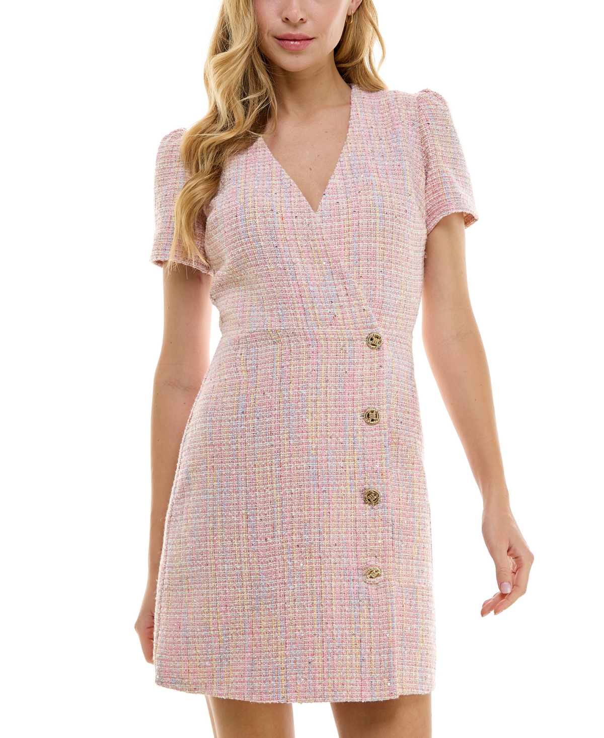 Shop City Studios Juniors' Boucle-knit Button-front Dress In Pink,multi