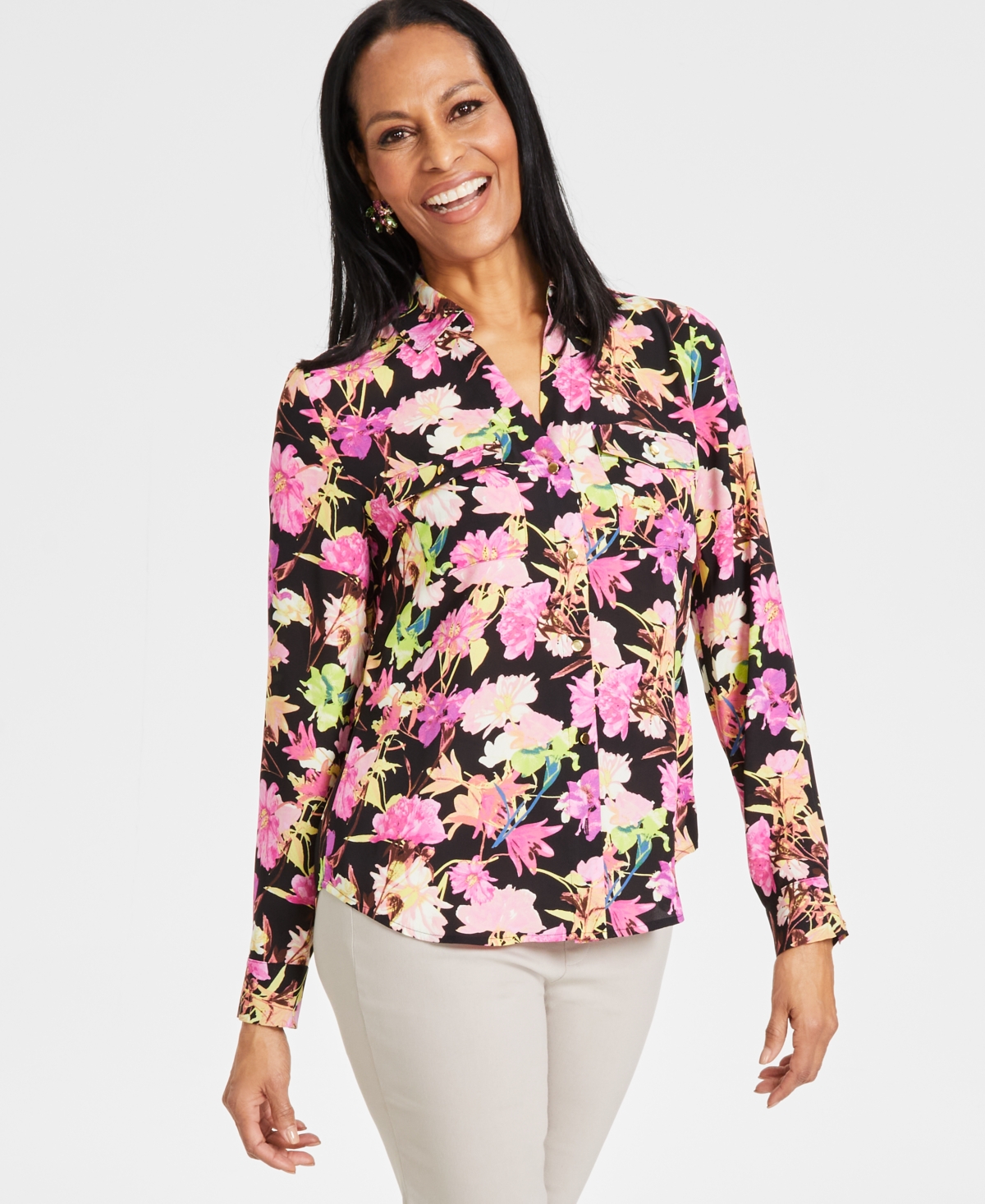 Inc International Concepts Women's Printed Flap-pocket Blouse, Created For Macy's In Tori Garden