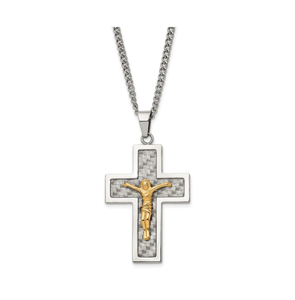 Grey Carbon Fiber Inlay Crucifix Pendant Curb Chain Necklace - Yellow