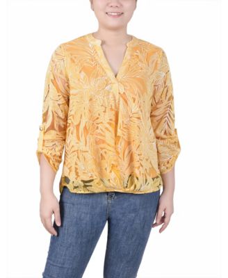 Women's Long Sleeve Burnout Y-neck Blouse