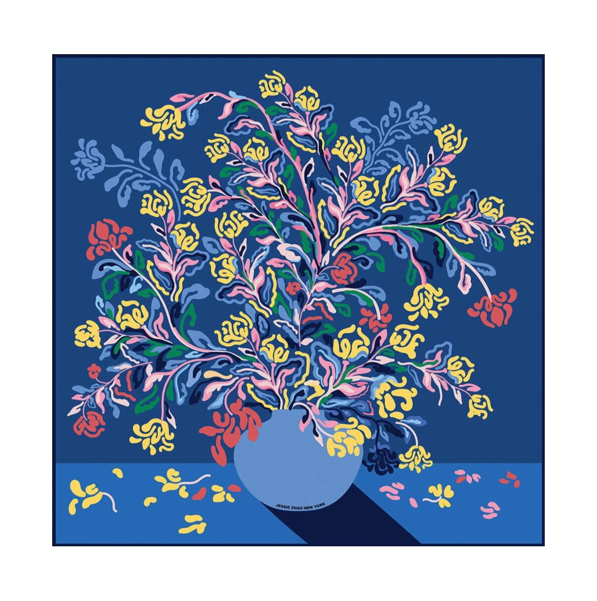 Silk Scarf of Night Flowers - Blue and red