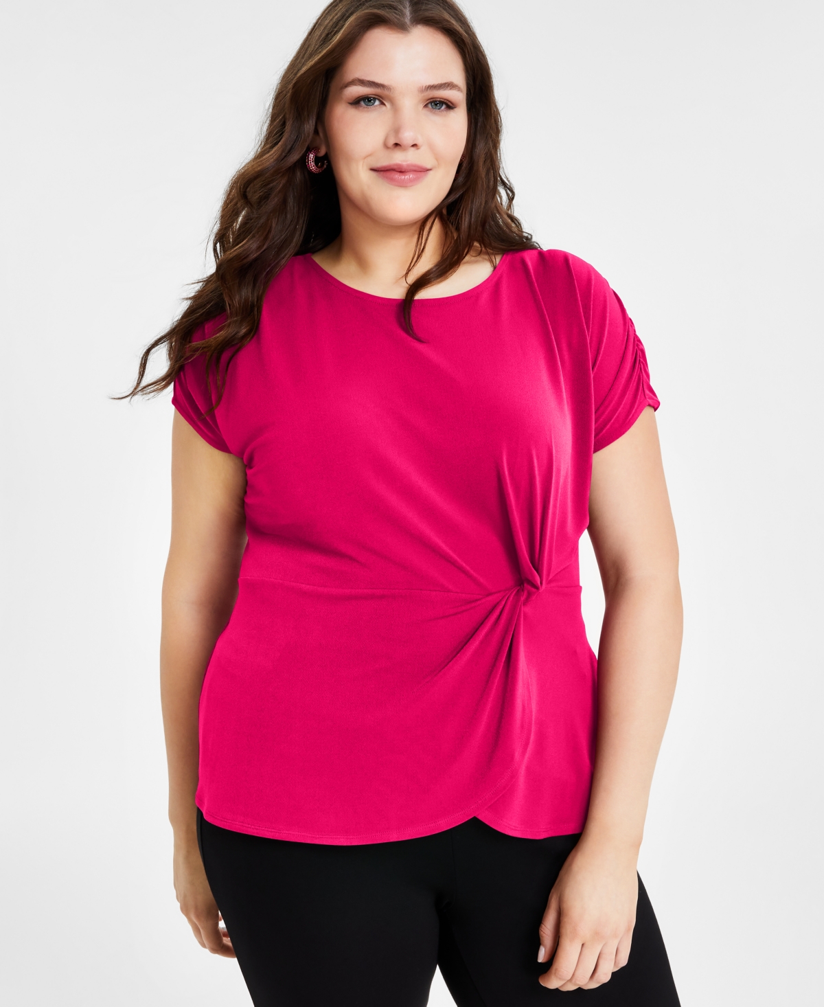 Plus Size Crewneck Twist-Detail Top, Created for Macy's - Pink Tutu