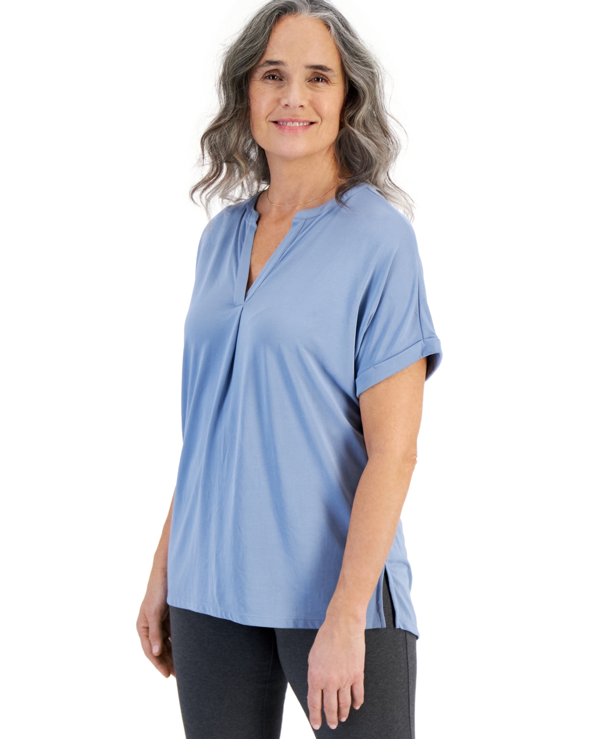 Shop Style & Co Women's Split-neck Short Sleeve Knit Shirt, Created For Macy's In Blue Fog