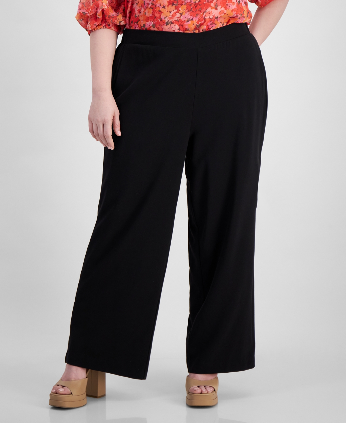 Shop Vince Camuto Plus Size Flat Front Elastic Waist Wide-leg Pants In Rich Black