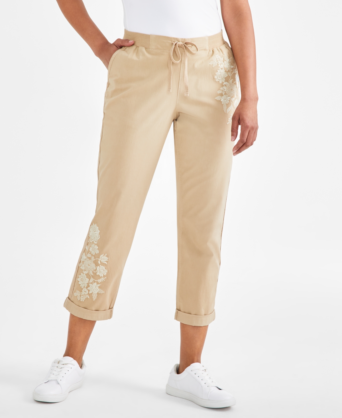 Shop Style & Co Women's Floral-embroidered Pull-on Pants, Created For Macy's In Travertine Tile