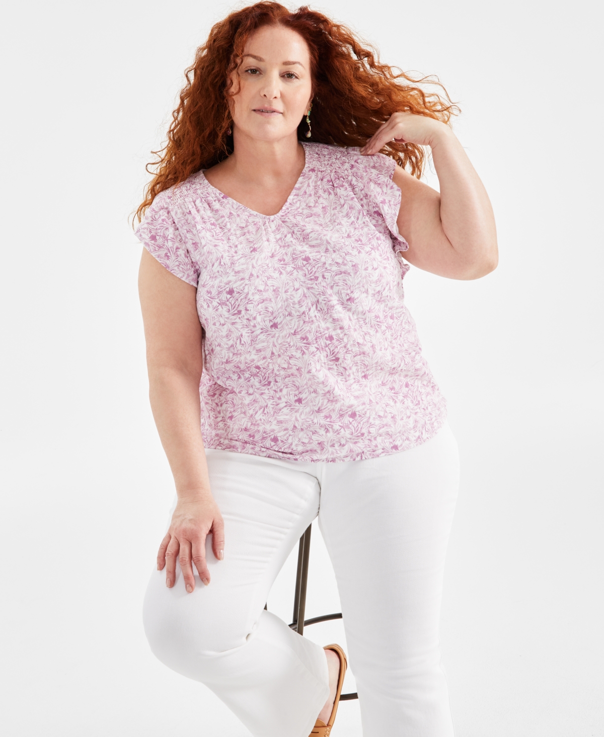 Plus Size Flutter-Sleeve V-Neck Top, Created for Macy's - Windy Lilac