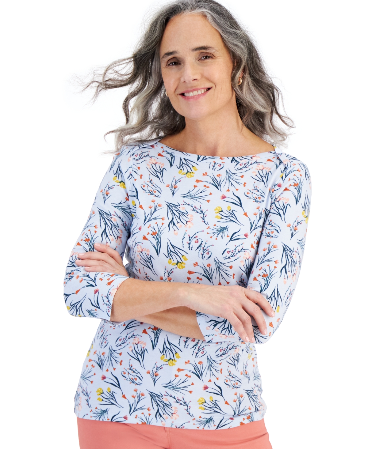 Shop Style & Co Women's Printed 3/4-sleeve Pima Cotton Top, Created For Macy's In White Multi Floral