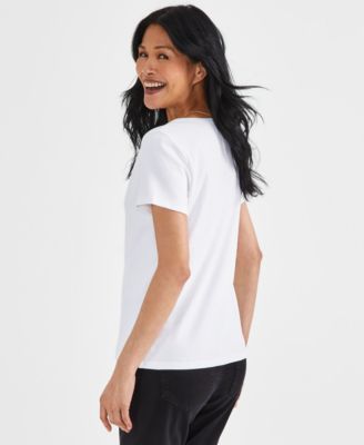 売れ筋商品|||スタイルアンドコー カットソー トップス レディース Petite Cotton Henley Short-Sleeve T-Shirt, Created for Macy's Bright White Style & Co Petite Cotton Henley Short-Sleeve T-Shirt