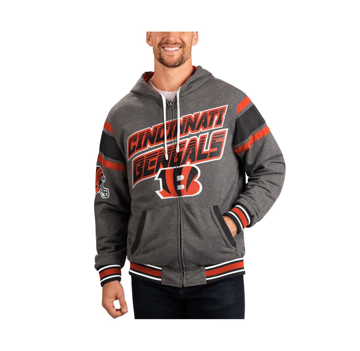 Men's Black, Gray Cincinnati Bengals Extreme Full Back Reversible Hoodie Full-Zip Jacket