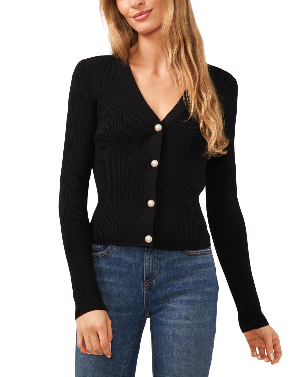 Cece Women's Imitation Pearl Button Cardigan In Rich Black