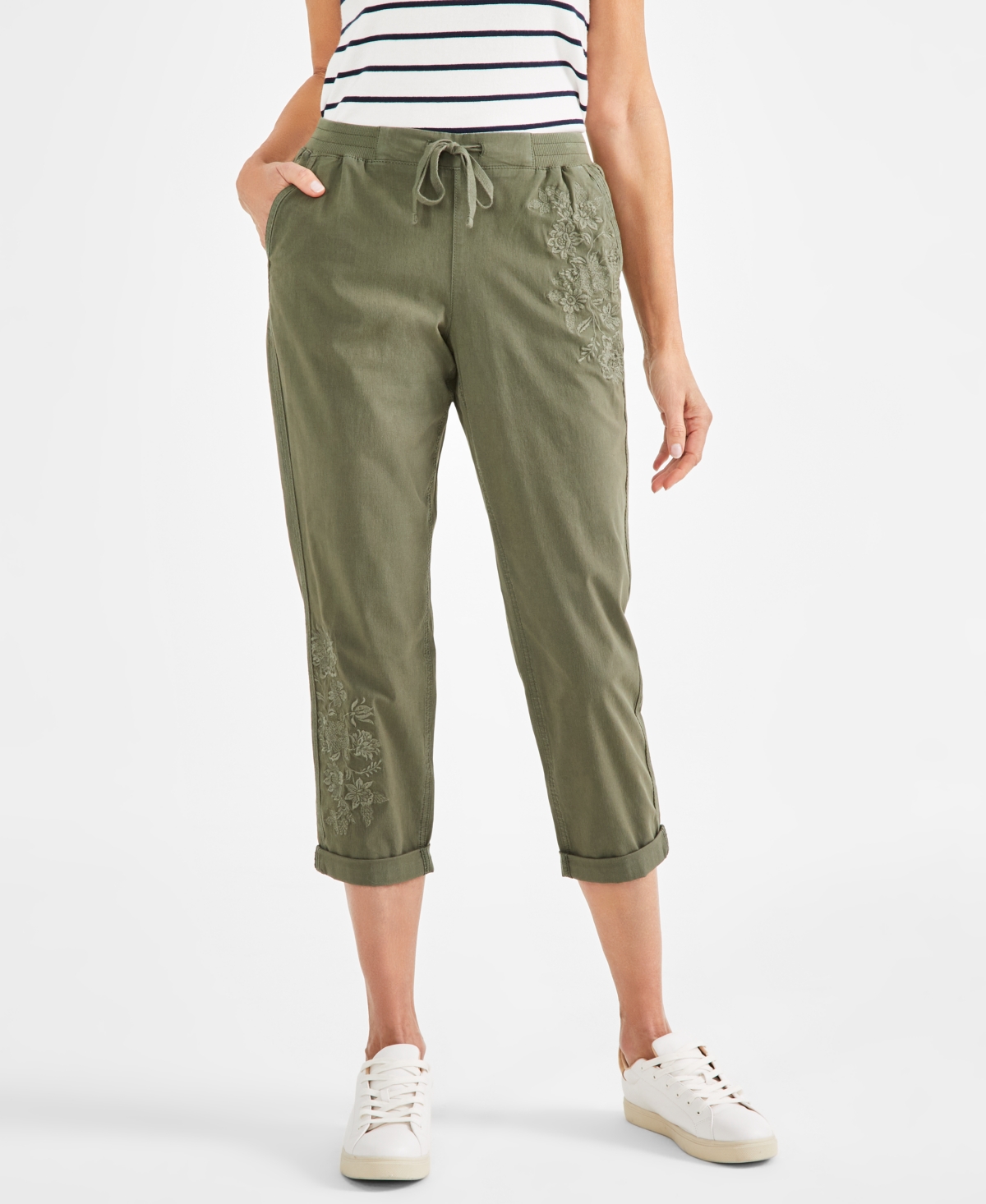 Shop Style & Co Women's Floral-embroidered Pull-on Pants, Created For Macy's In Oliva