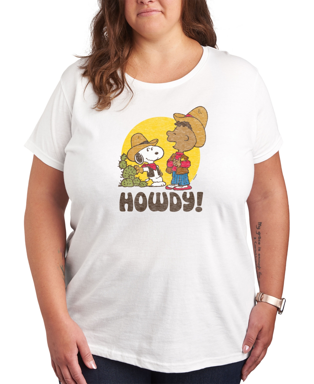 Trendy Plus Size Peanuts Snoopy & Franklin Western Cowboy Howdy Graphic T-shirt - White