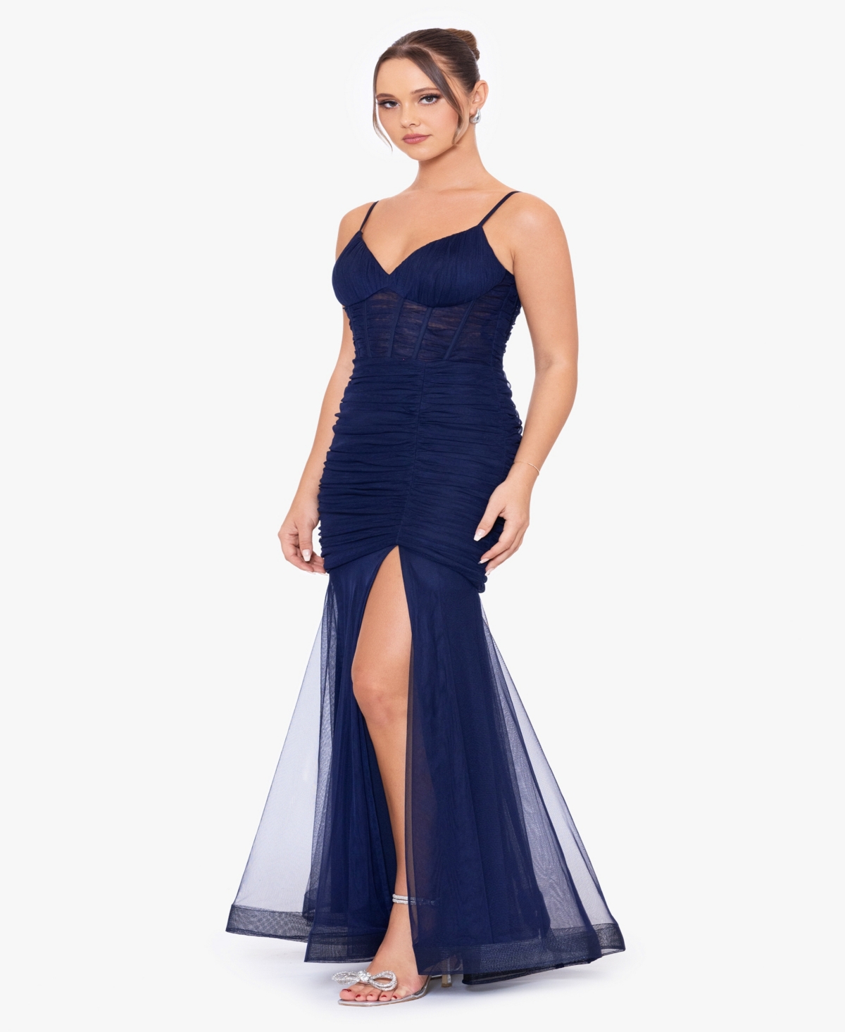 Shop Blondie Nites Juniors' Ruched Sweetheart-neck Corset Gown In Navy