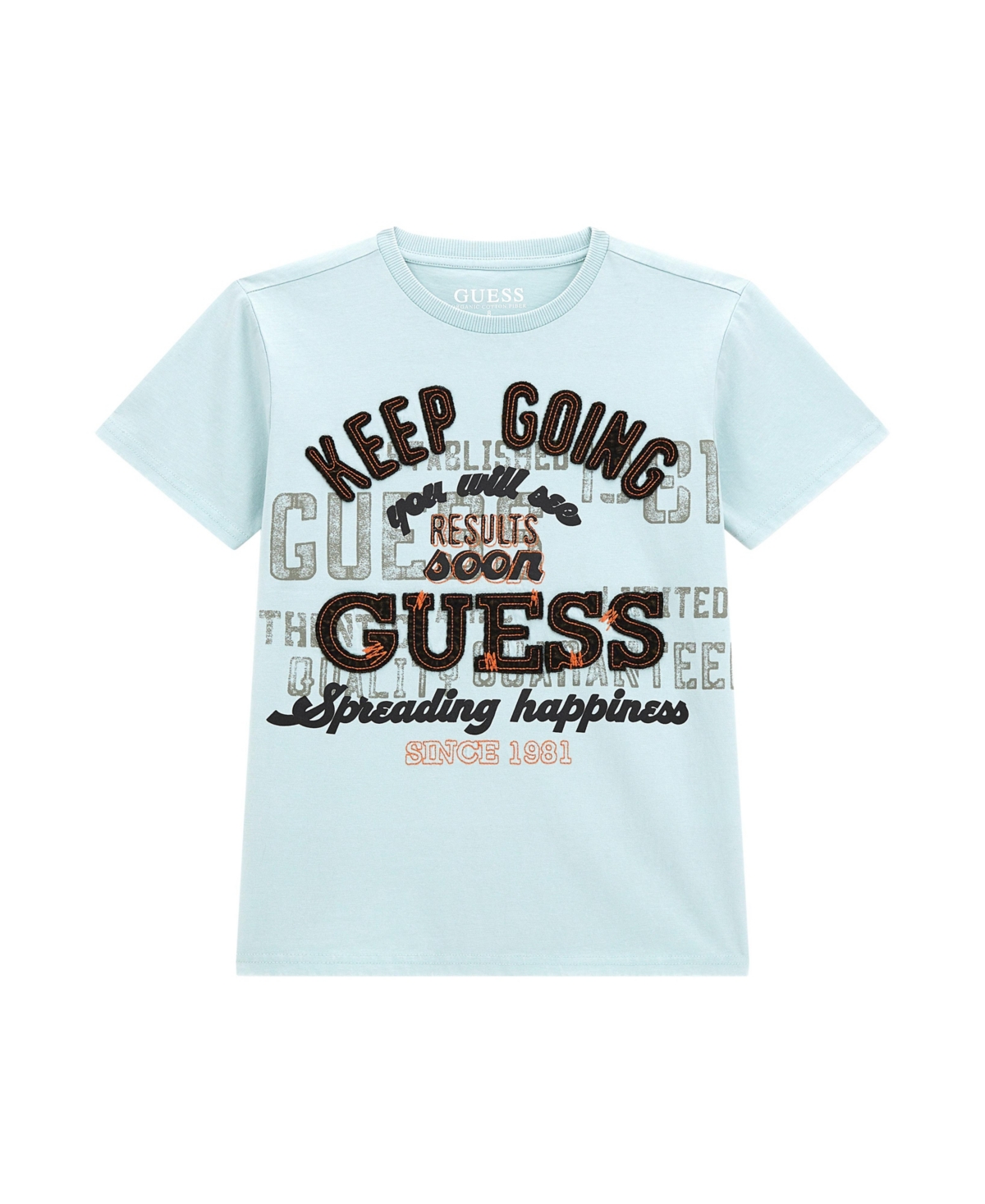Shop Guess Big Boys Short Sleeve With Applique Embroidery And Screen Print Verbiage T-shirt In Blue