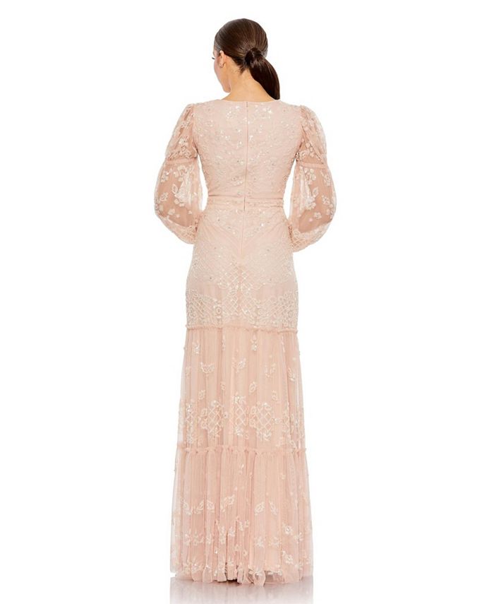Mac Duggal Women's Sequined Tiered Wrap Over Puff Sleeve Gown - Macy's
