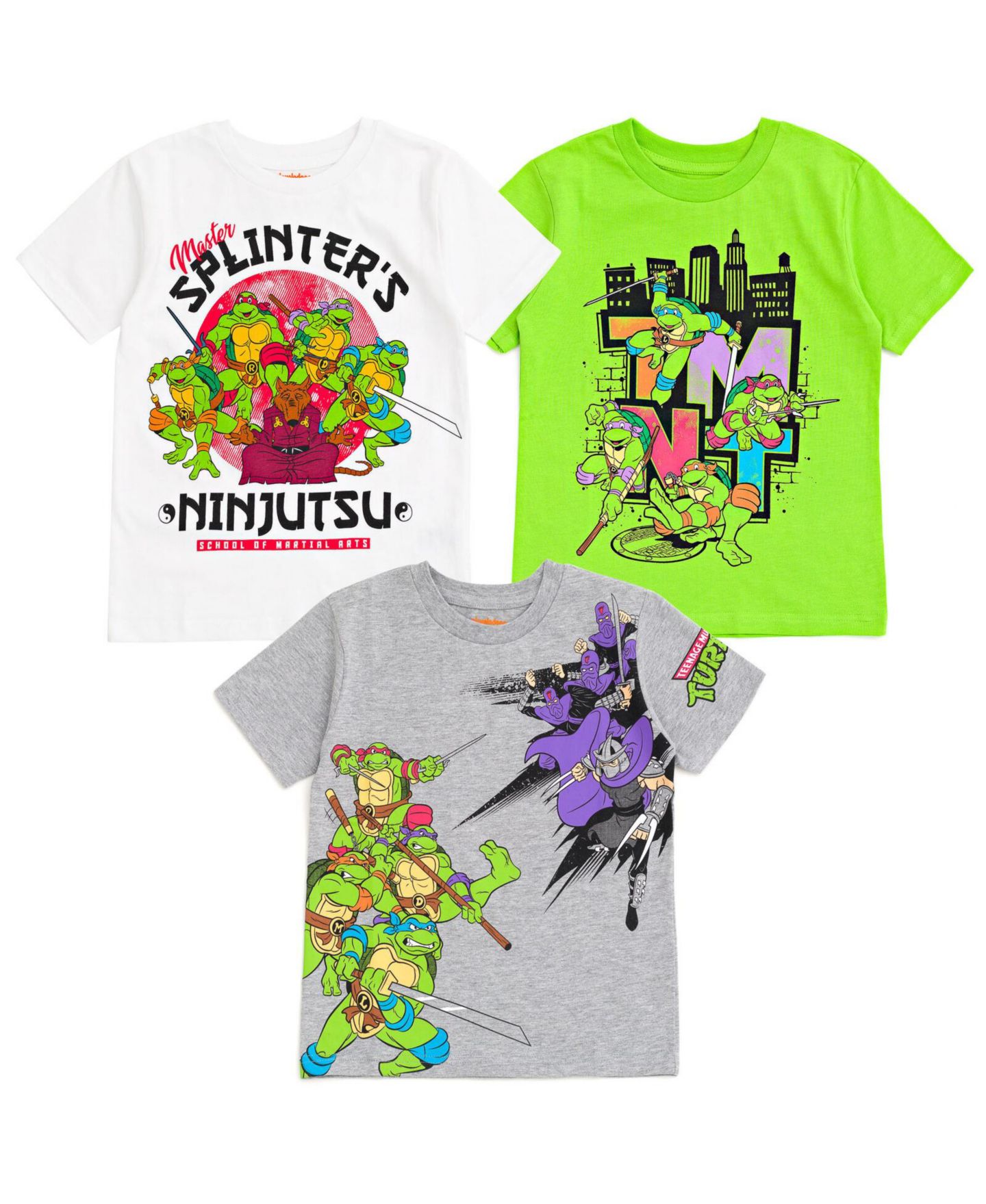 Футболки Teenage Mutant Ninja Turtles Leonardo Michelangelo Donatello Raphael 3 Pack для мальчиков-малышей, цвет: Белый серый зелёный — фото 1