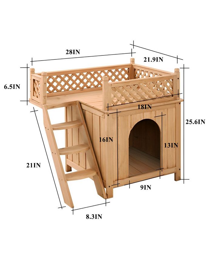 SUGIFT Wooden Dog House with Stairs and Raised Balcony for Puppy and