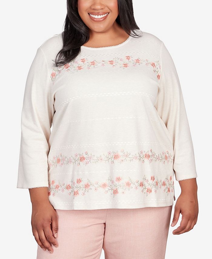 Alfred Dunner Floral Border Embroidered Split Neck Top - Plus main image 0