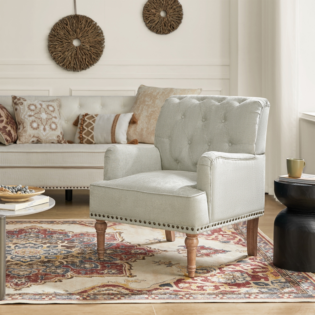 Mcgavock Traditional Wooden Upholstered Accent Chair with Tufted Back