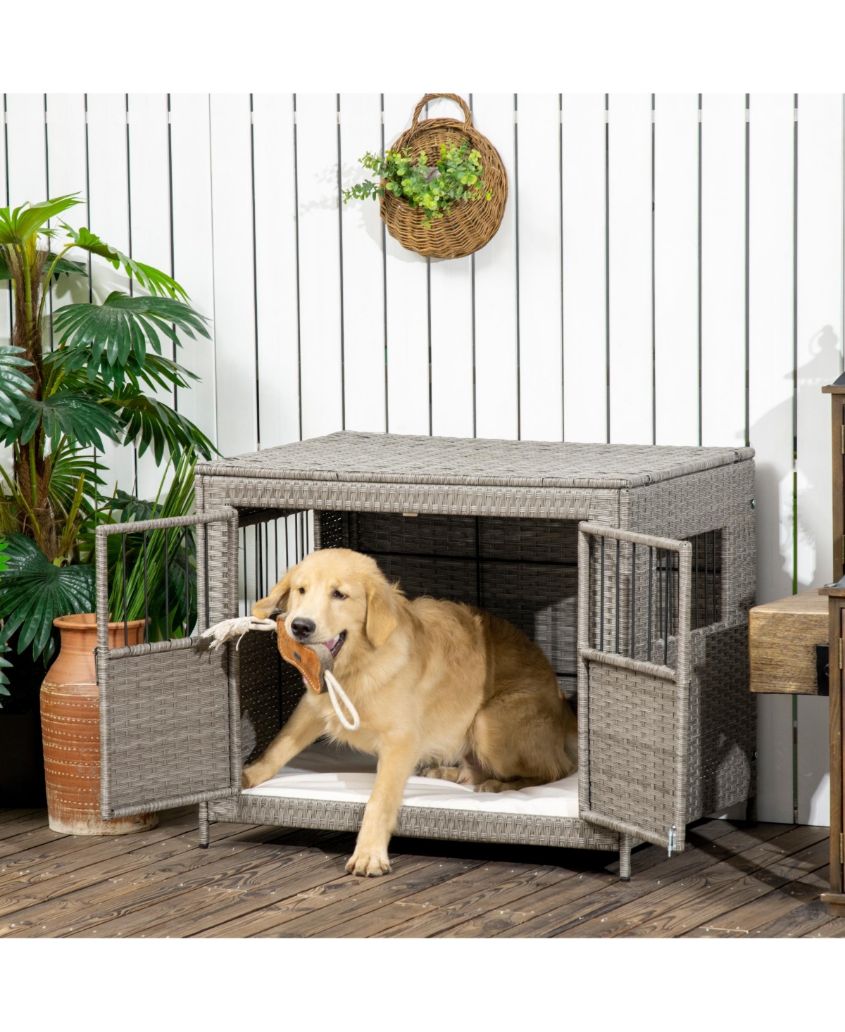 Paw Hut Rattan Dog Crate with Double Doors, Wicker Dog Cage with Soft Washable Cushion, Dog Kennel Furniture Outdoor Indoor for Medium to Large Sized