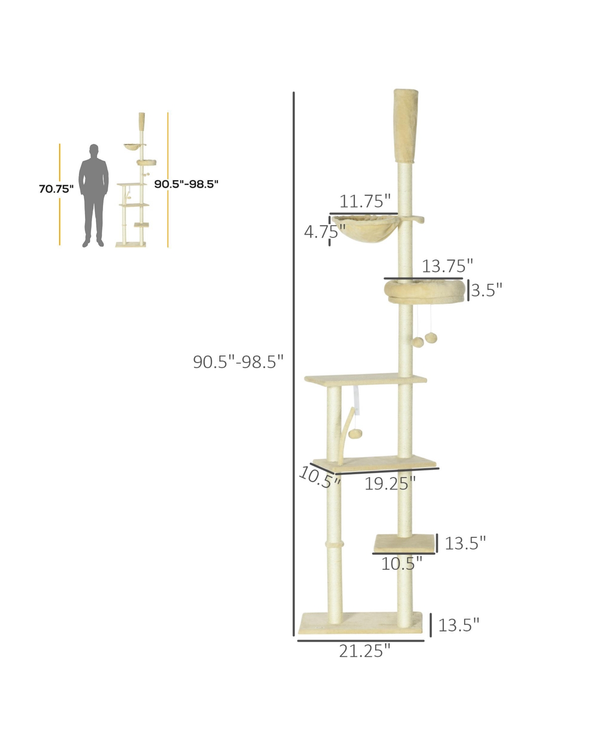 Paw Hut Floor to Ceiling Cat Tree with Hammock, Cat Climbing Tower,- Beige/khaki