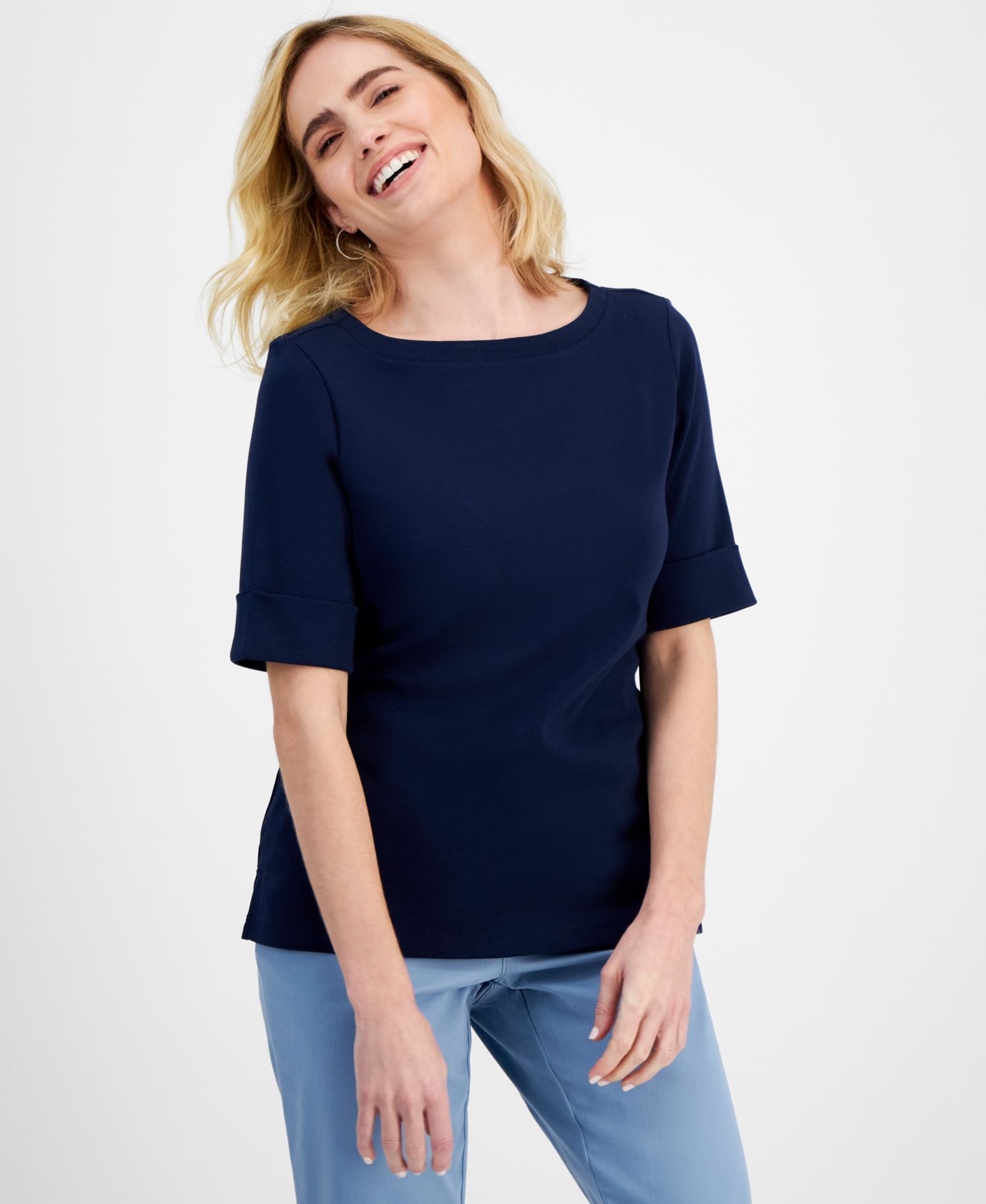 Petite Cotton Elbow-Sleeve Boat-Neck Top