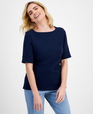 Style & Co Petite Cotton Elbow-Sleeve Boat-Neck Top, Created for Macy's -  Macy's