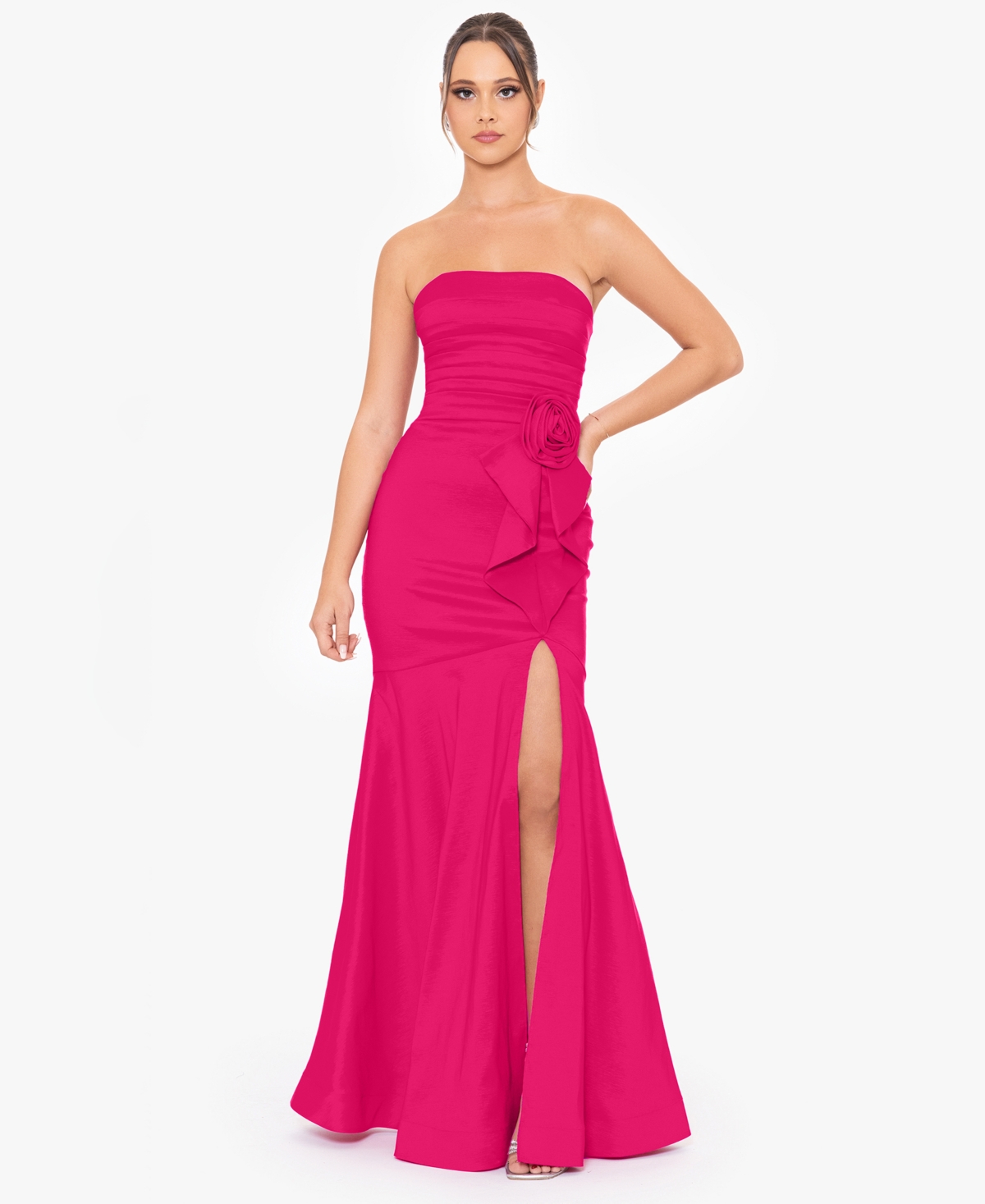 Juniors' Ruched Rosette Strapless Gown - Fushia