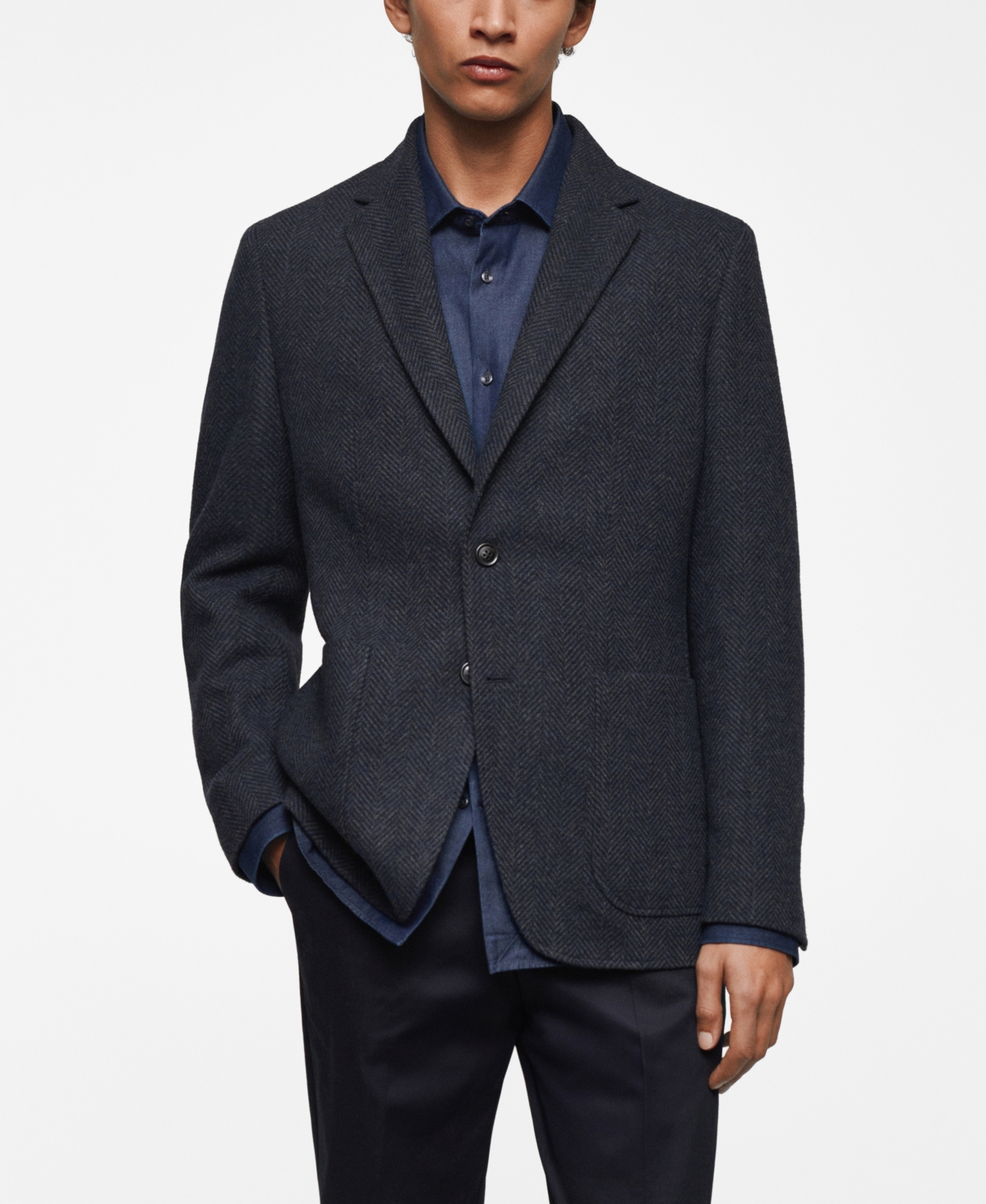 Men's Slim-Fit Herringbone Wool Suit Jacket - Blue