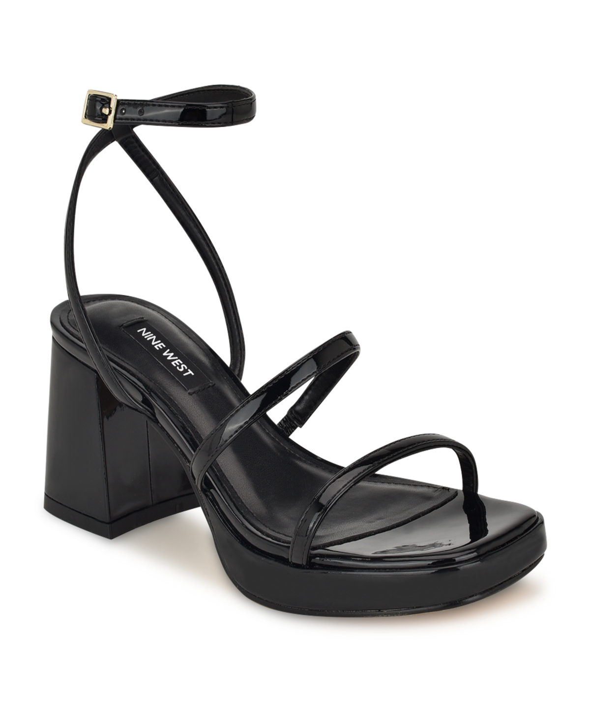 Nine West Women's Flame Square Toe Strappy Dress Sandals In Black Patent