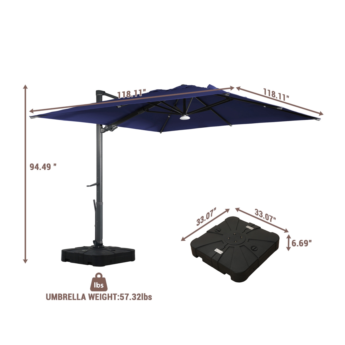 Mondawe 10ft Square Solar Led Cantilever Patio Umbrella with Included Base Stand & Bluetooth Light