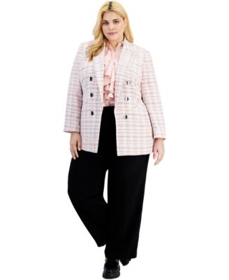 Bar Iii Plus Size Tweed Open Front Blazer Ruffle Front Blouse Tab Waist Pleated Trousers Created For Macys In Black