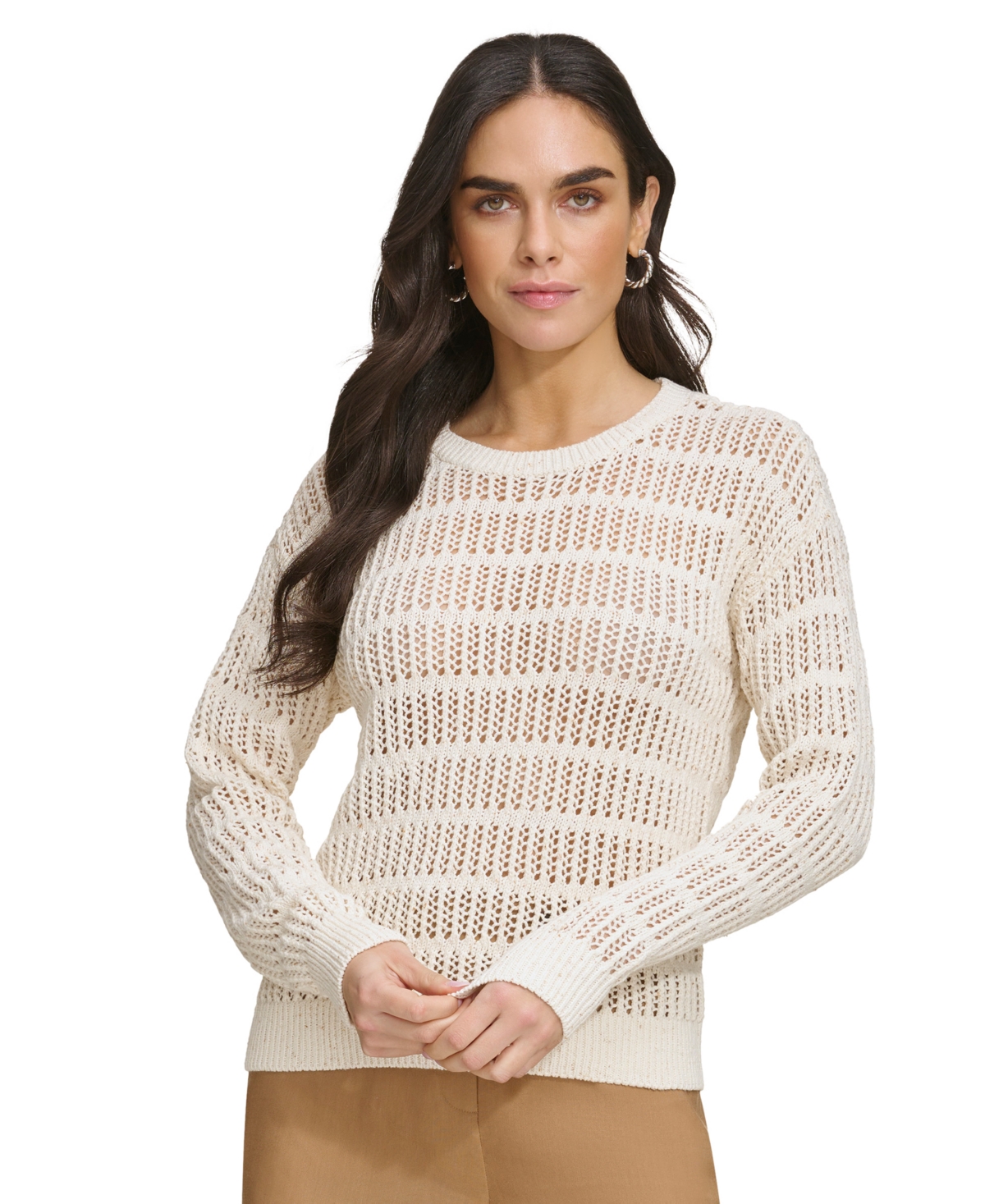 Shop Calvin Klein Women's Cotton Open-stitch Sweater In Sft Wt Combo