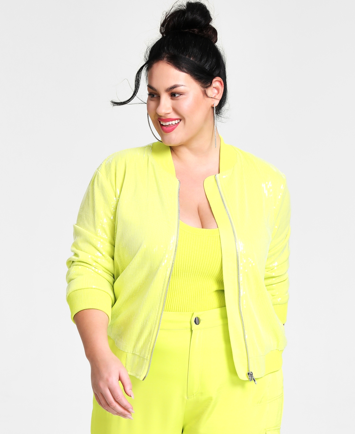 Nina Parker Trendy Plus Size Sequined Bomber Jacket In Lime