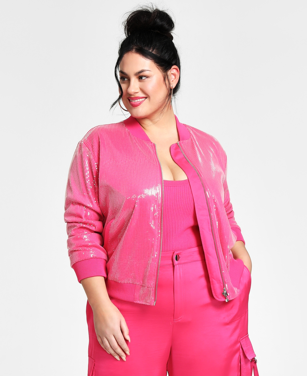 Nina Parker Trendy Plus Size Sequined Bomber Jacket In Pink Yarrow