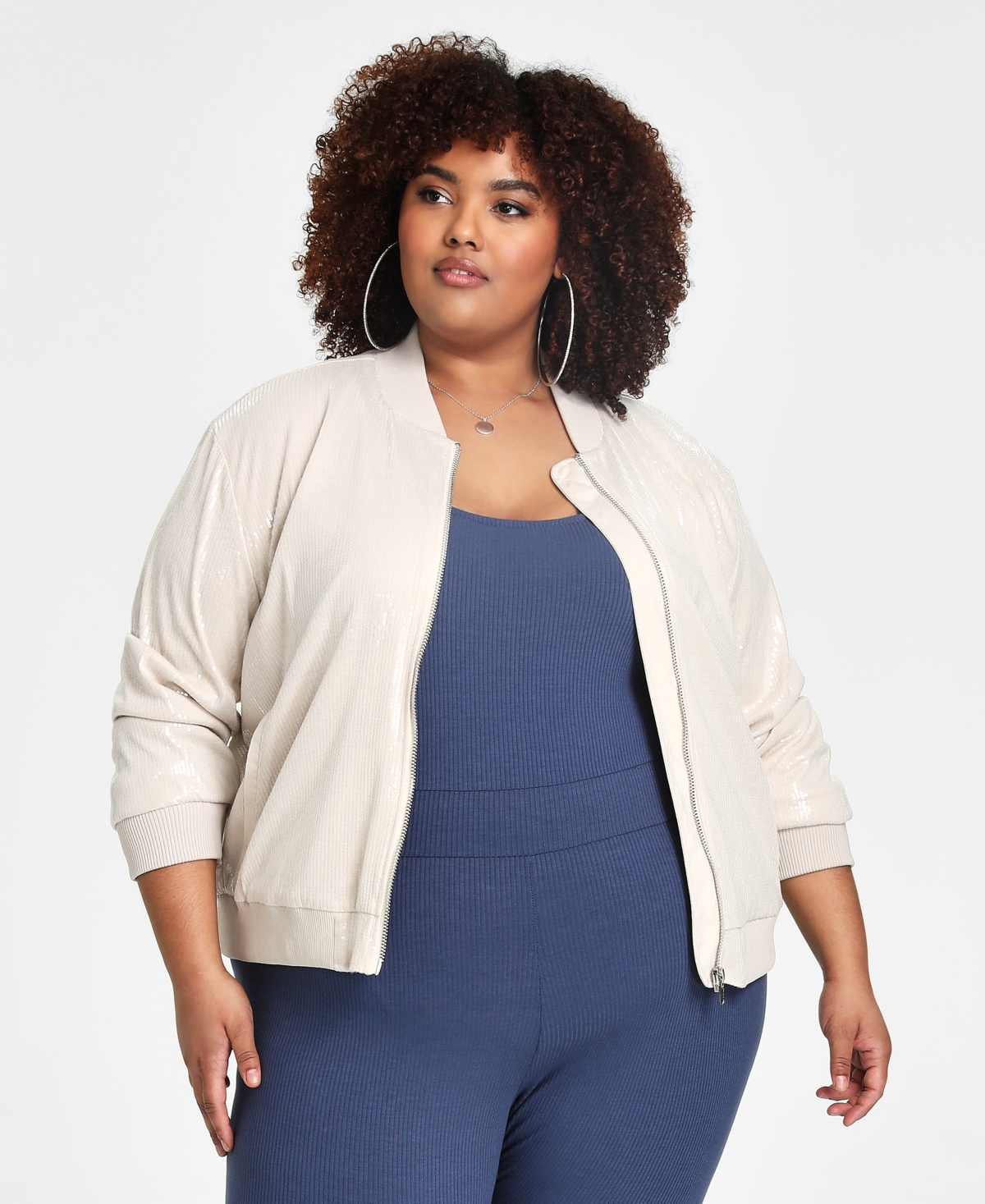 Nina Parker Trendy Plus Size Sequined Bomber Jacket In Oatmeal