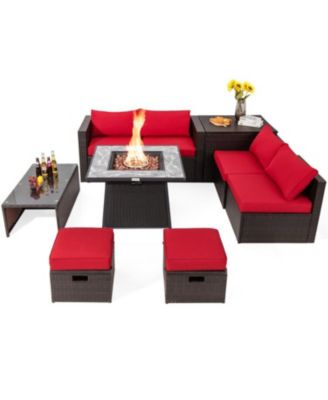 9 Pieces Patio PE Wicker Sectional Set with 50000 BTU Fire Pit Table
