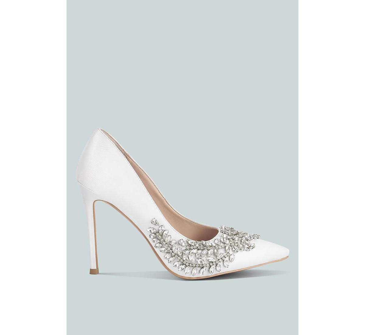 Women Ashlyn Rhinestones Embellished Satin Stiletto Pumps - White
