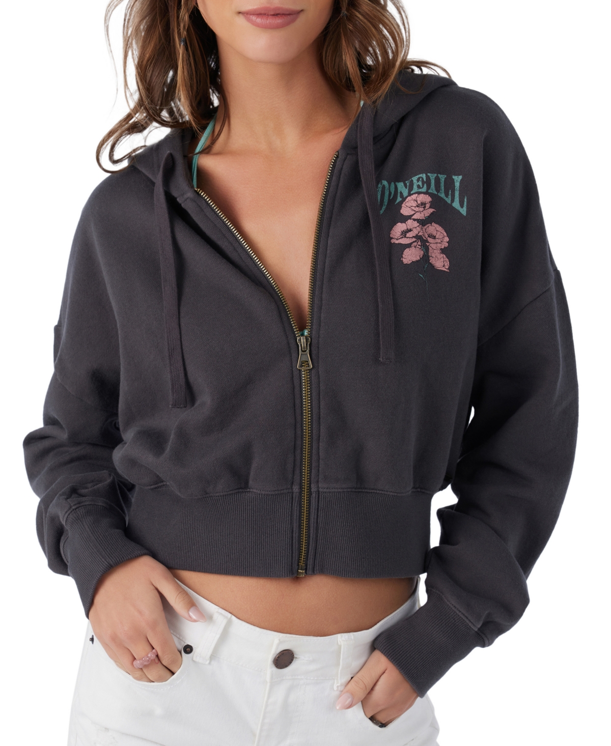 Shop O'neill Juniors' Darcie Cotton Zip-up Hoodie In Washed Black