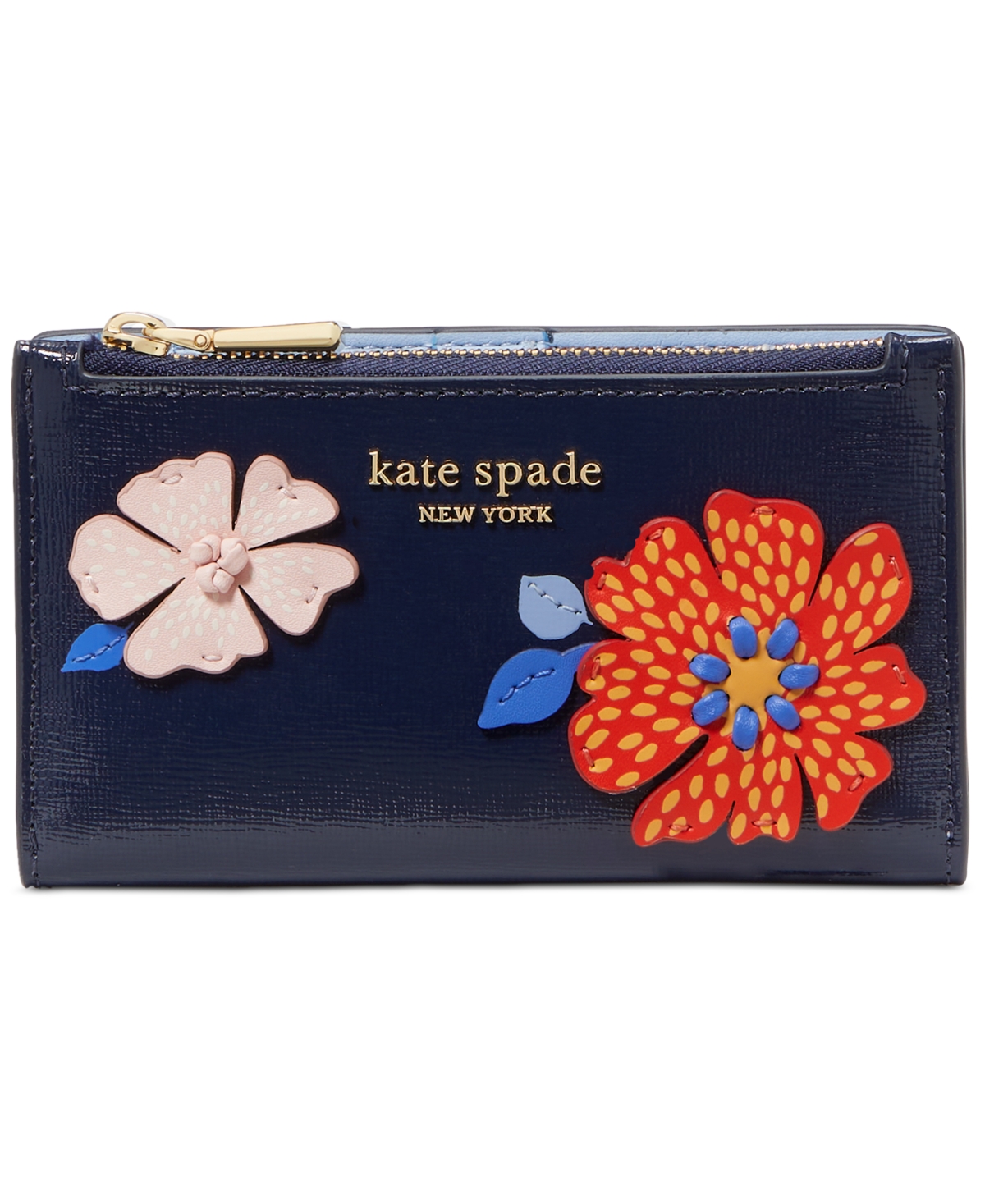 Shop Kate Spade Dottie Bloom Flower Applique Saffiano Leather Small Slim Bifold Wallet In Parisian Navy Multi