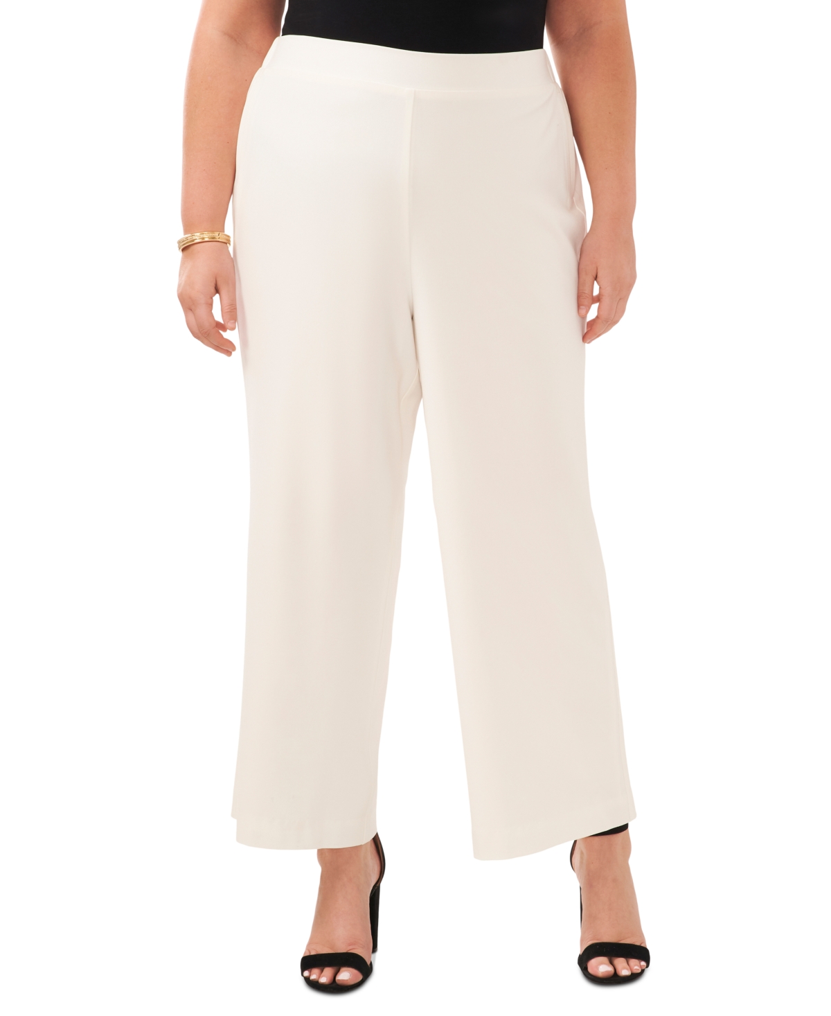 Shop Vince Camuto Plus Size Flat Front Elastic Waist Wide-leg Pants In New Ivory