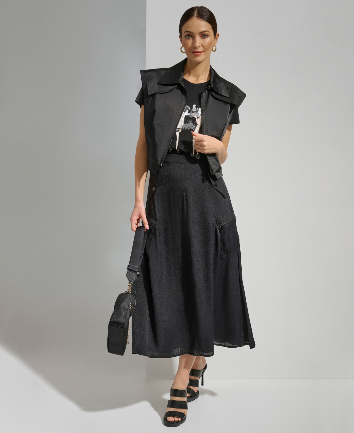 Shop Dkny Women's Drapey Organza A-line Cargo Midi Skirt In Black