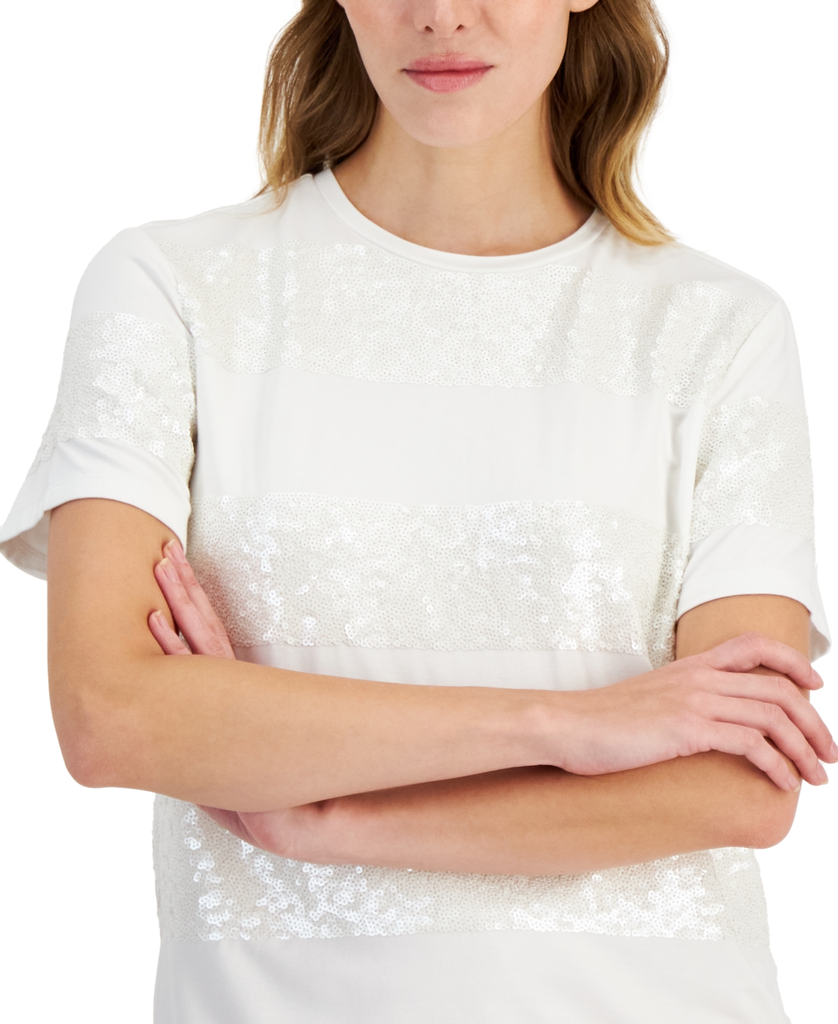 Anne Klein Women's Short-Sleeve Sequin-Striped T-Shirt