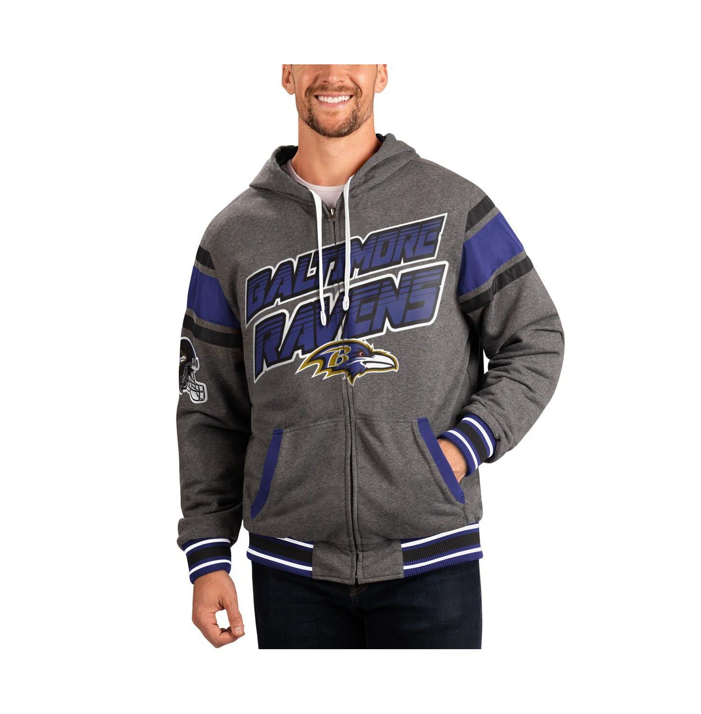 Мужские худи G-III Sports by Carl Banks Purple, Gray Baltimore Ravens Extreme Full Back Reversible Full-Zip Jacket — фото 1