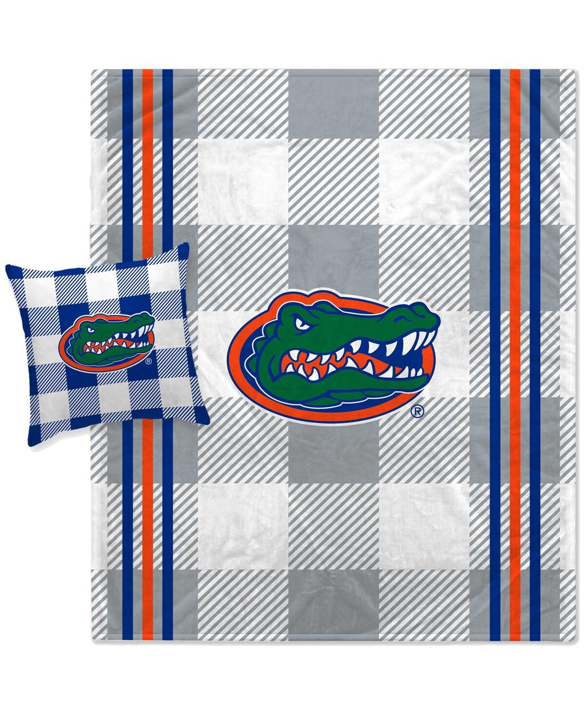 Pegasus Home Fashions Florida Gators Gray Plaid Stripes Blanket And Pillow Combo Set In Gold