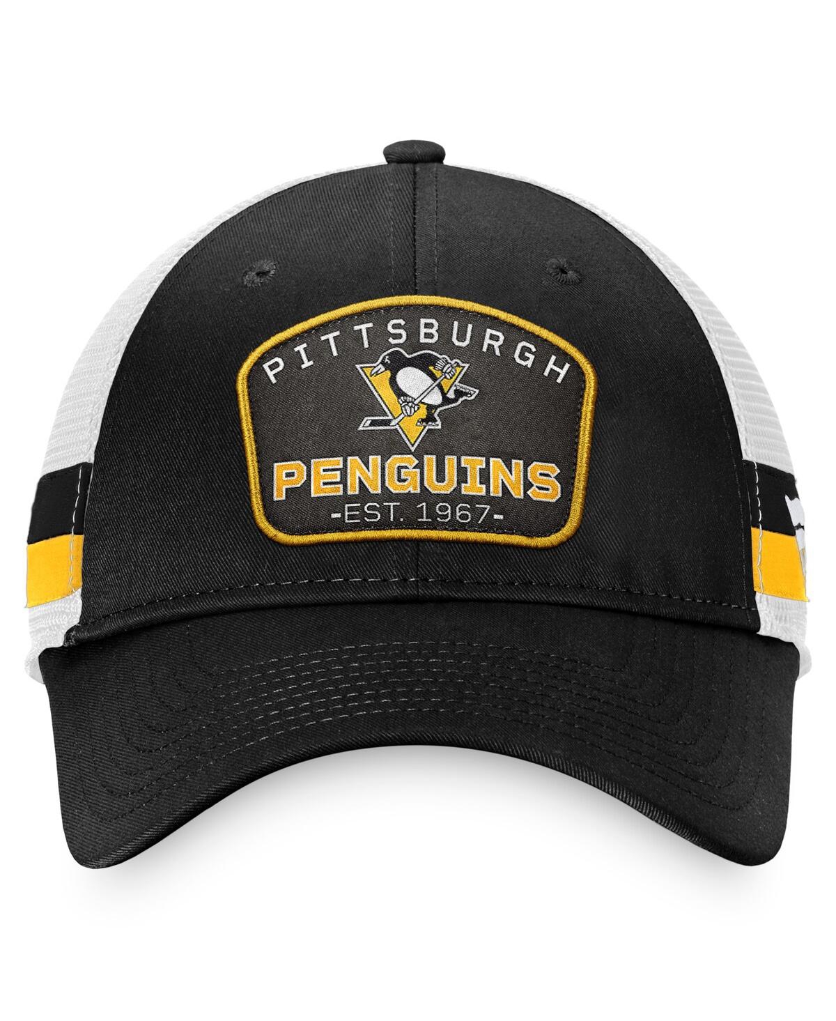 Shop Fanatics Men's  Black, White Pittsburgh Penguins Fundamental Striped Trucker Adjustable Hat In Black,white
