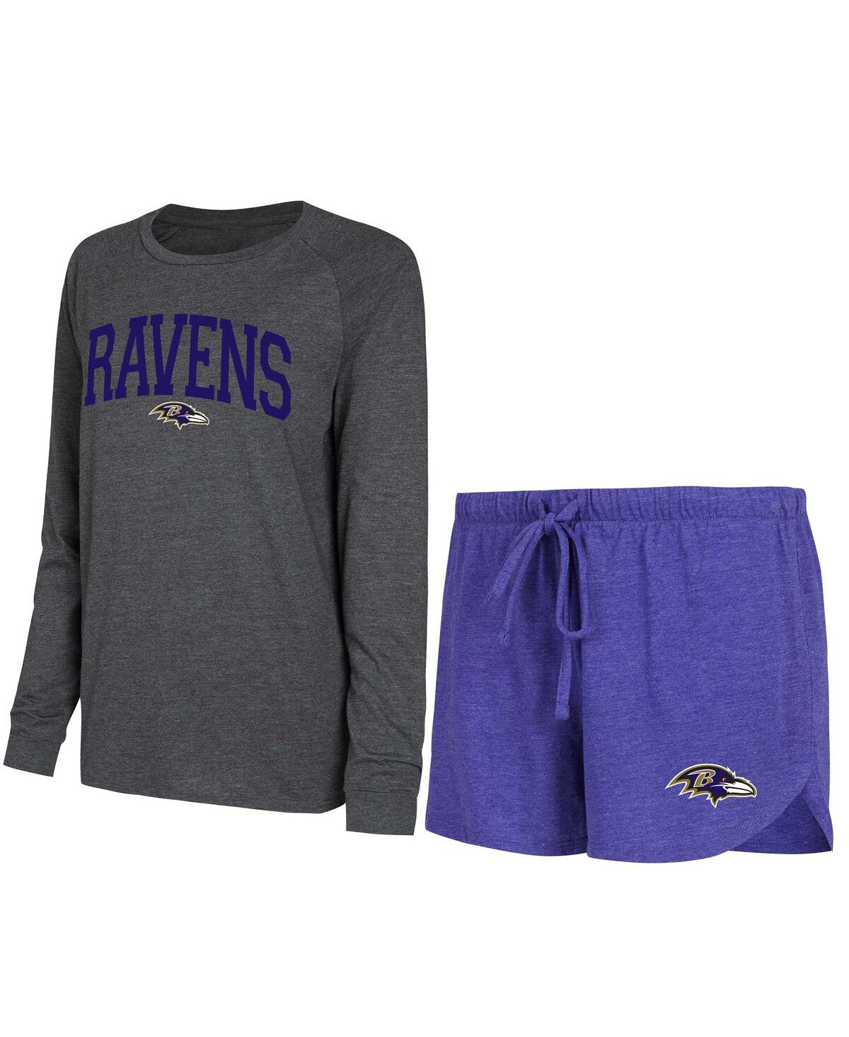 Women's Concepts Sport Purple, Black Baltimore Ravens Raglan Long Sleeve T-shirt and Shorts Lounge Set - Purple, Black