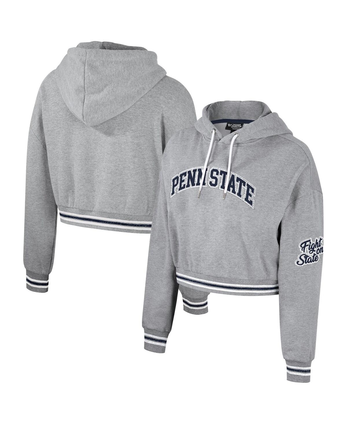 Women's The Wild Collective Heather Gray Distressed Penn State Nittany Lions Cropped Shimmer Pullover Hoodie - Heather Gray
