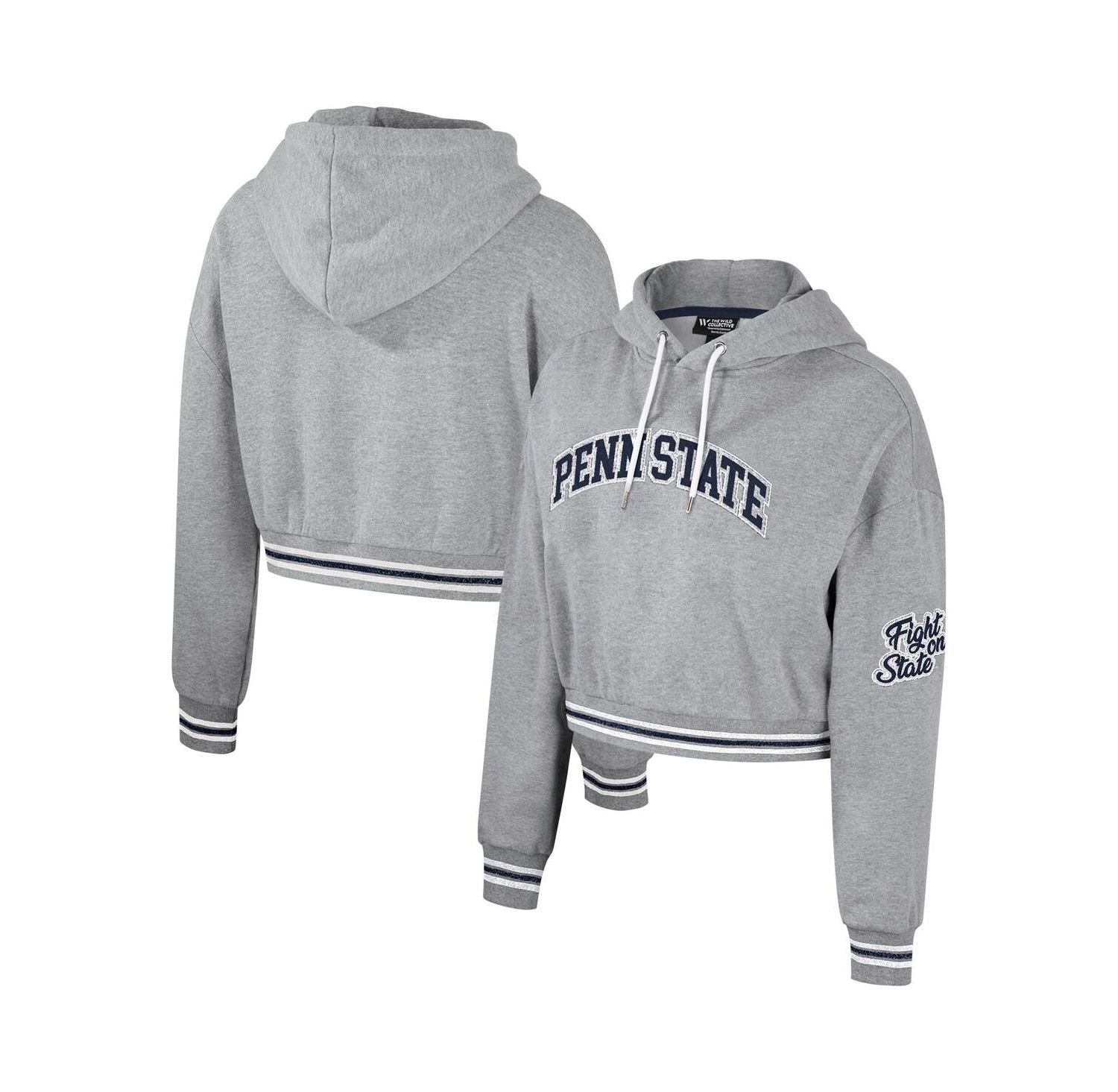 Women's Heather Gray Distressed Penn State Nittany Lions Cropped Shimmer Pullover Hoodie