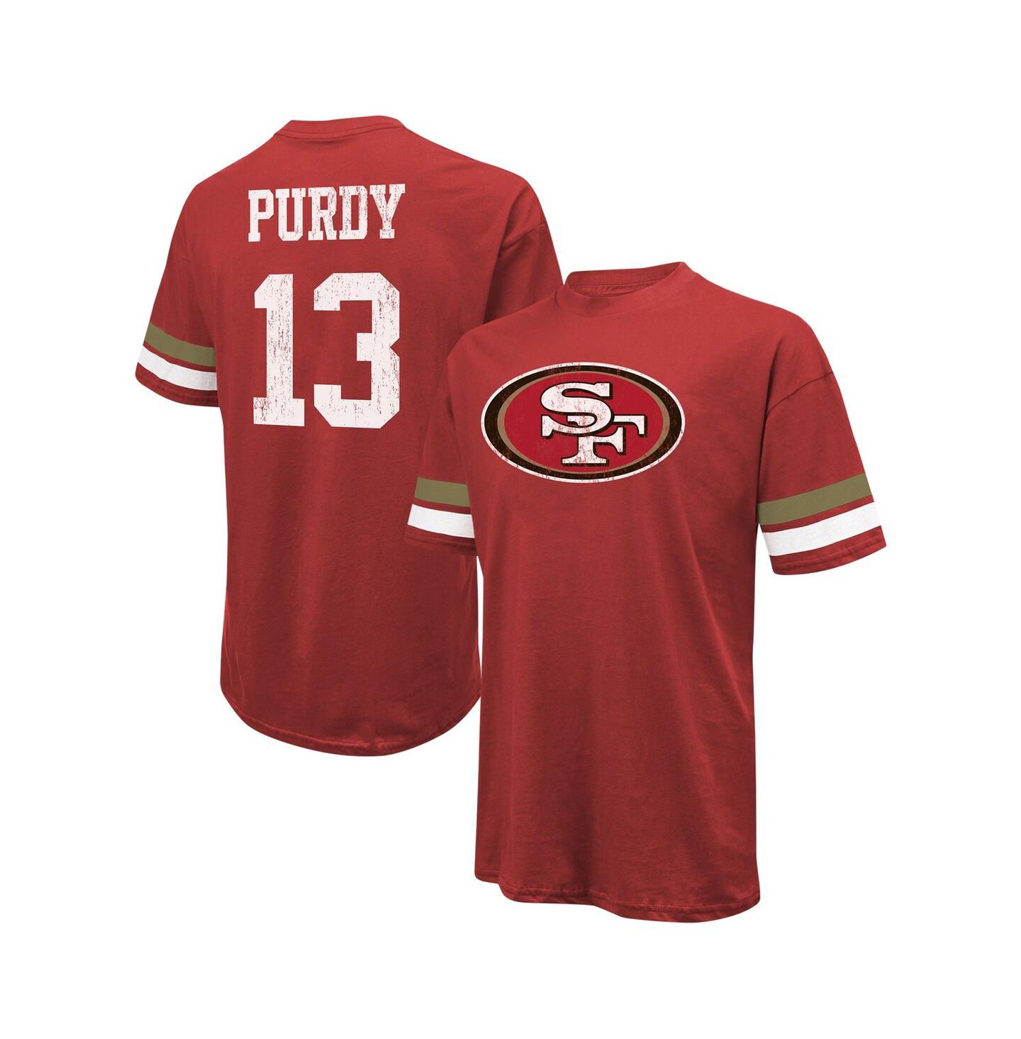 Мужская футболка Majestic Threads Brock Purdy Scarlet Distressed San Francisco 49ers Name and Number Oversize Fit — фото 1